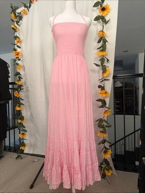 Strap Halter Pink Maxi Dress with Smocked Bodice